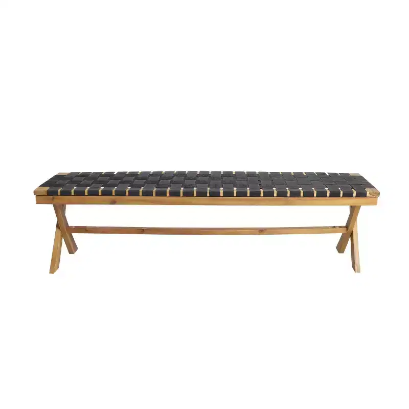 Mallett Outdoor Acacia Wood Bench with Rope Seating - Black/Teak - Christopher Knight Home: UV & Water-Resistant, 3-Person Capacity