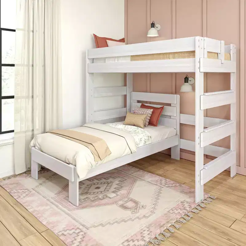 Max & Lily Solid Wood Modern Farmhouse Bunk Bed, L-Shaped Twin over Twin Bed Frame For Kids