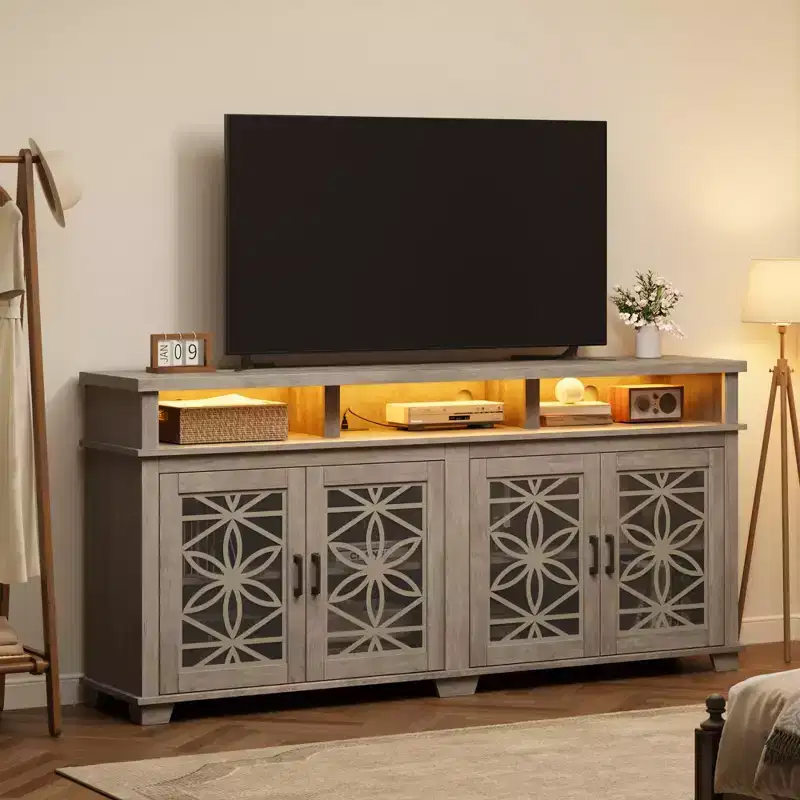 GustoWave 70.9 Farmhouse TV Stand, Entertainment Center with Glass Door & LED Lights for Living Room, Bedroom