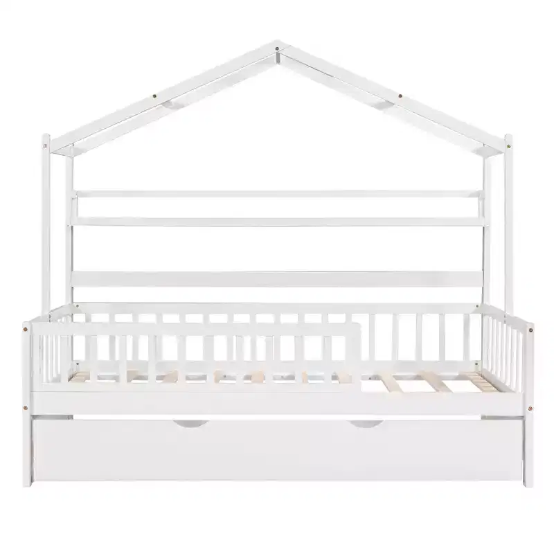 Luxystar Wood House Bed Frame with Trundle and Shelves, White