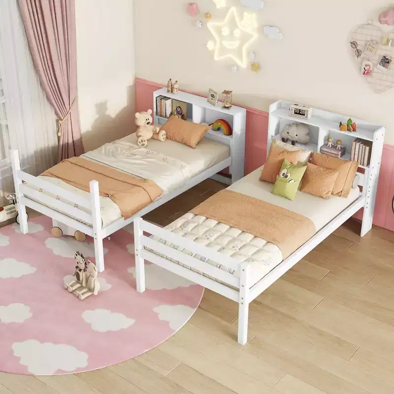MAYEERTY Twin Bunk Bed with Shelves Headboard Sofety Guardrails and Ladder Cinvertible to 2 Beds for Bedroom White