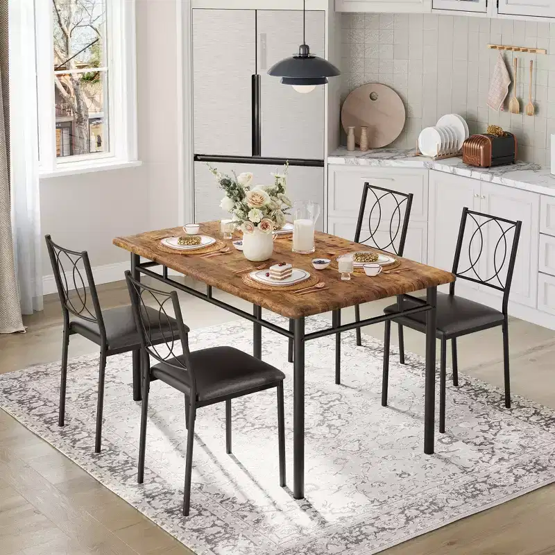 Farmhouse Dining Table Set for 4 with 4 Upholstered Chairs,Sturdy Wood KitchenTable, Space-Saving Apartment Dining Furniture