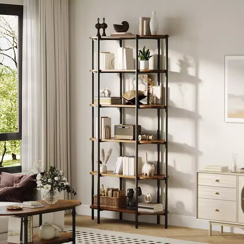 Industrial 6-Tier Oval Bookshelf, Rustic Brown Wooden & Metal Frame Tall Bookcase, Open Display Shelf Racks, Standing Bookcase