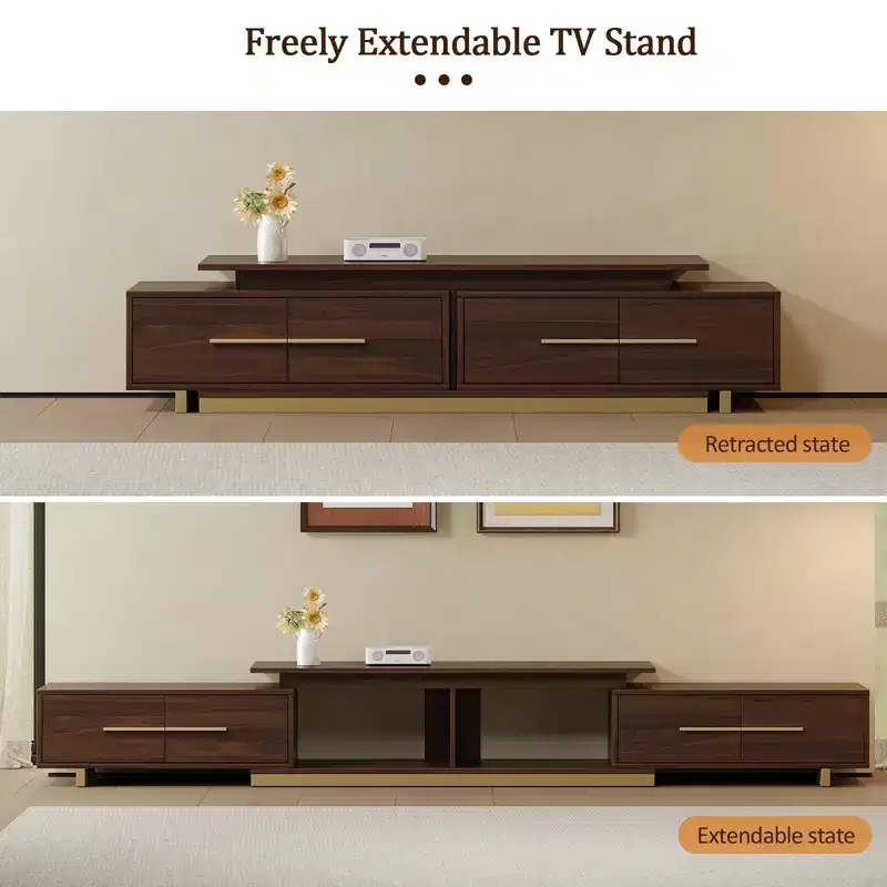 JVNOXK 63.4-94.5 Extendable TV Stand for TVs up to 100, Mid-Century Modern Media Console with Walnut Finish, Stainless Steel Base for Living Room