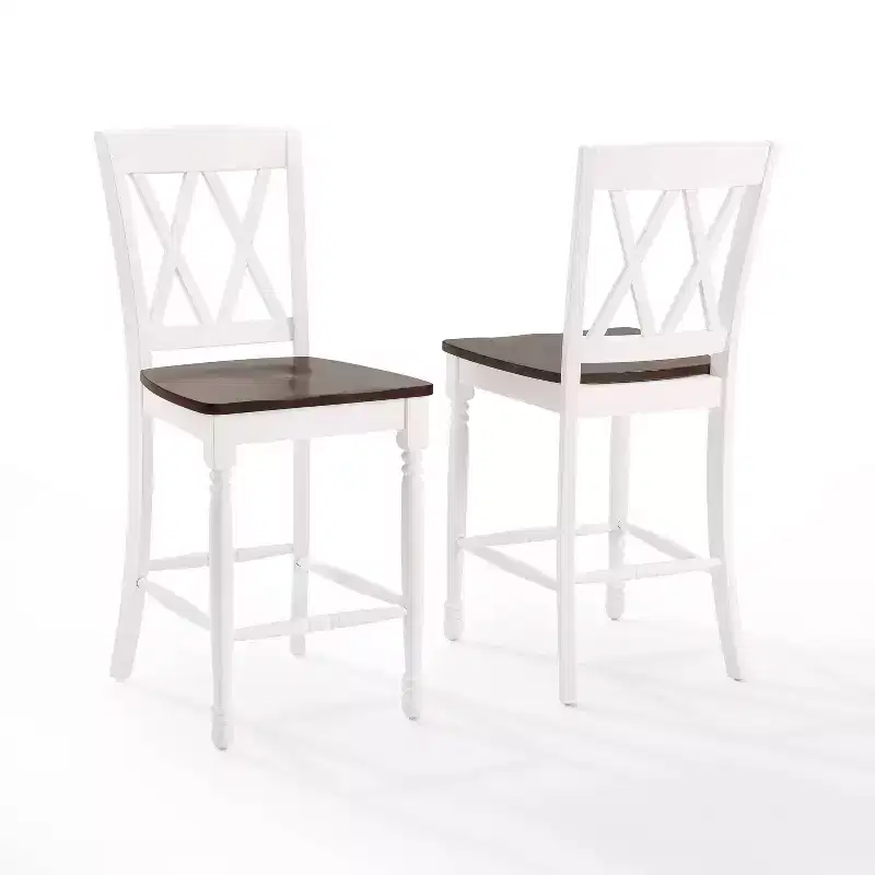 Set of 2 Counter Height Barstools Distressed White Rubberwood Frame, Non-Upholstered, Traditional Design
