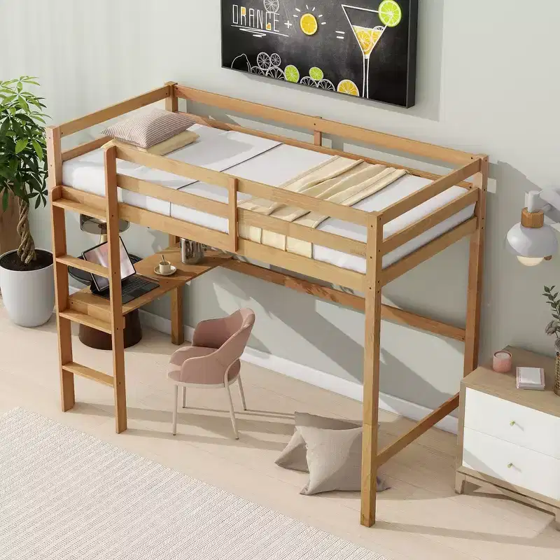 Twin Size Wood Loft Bed with Built-in Desk & Ladder, Spacious Study Space, Safety Guardrails(Upgraded) - White Oak