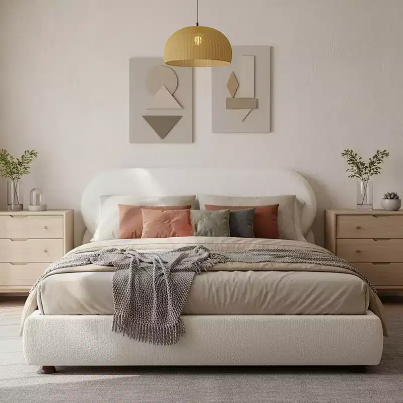 ModernLuxe Queen/King Size Platform Bed with Gourd-Shaped Rubberwood Legs, Cream Boucle Upholstered Bed Frame, No Box Spring Needed
