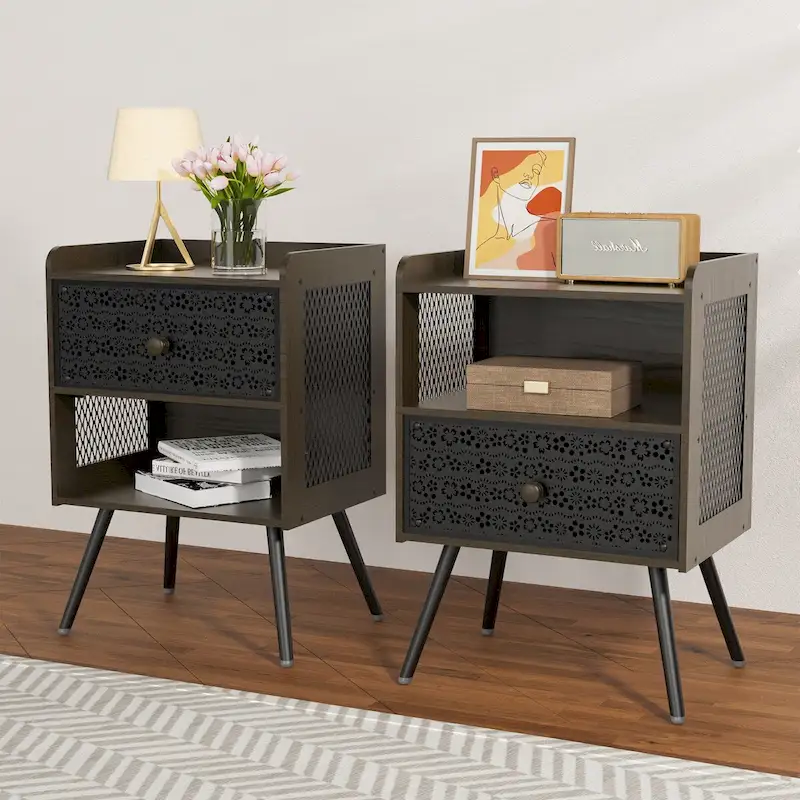 Wooden Bedside Table With Metal Legs Nightstand Of 2