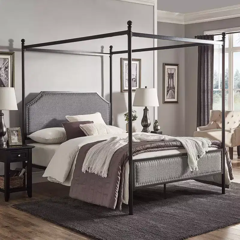 Barrington Grey Upholstered Metal Canopy Queen Bed - Black/Grey - iNSPIRE Q
