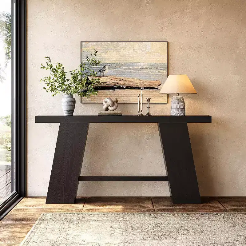 Black Trapezoid Console Table, Modern Style, Single-Piece