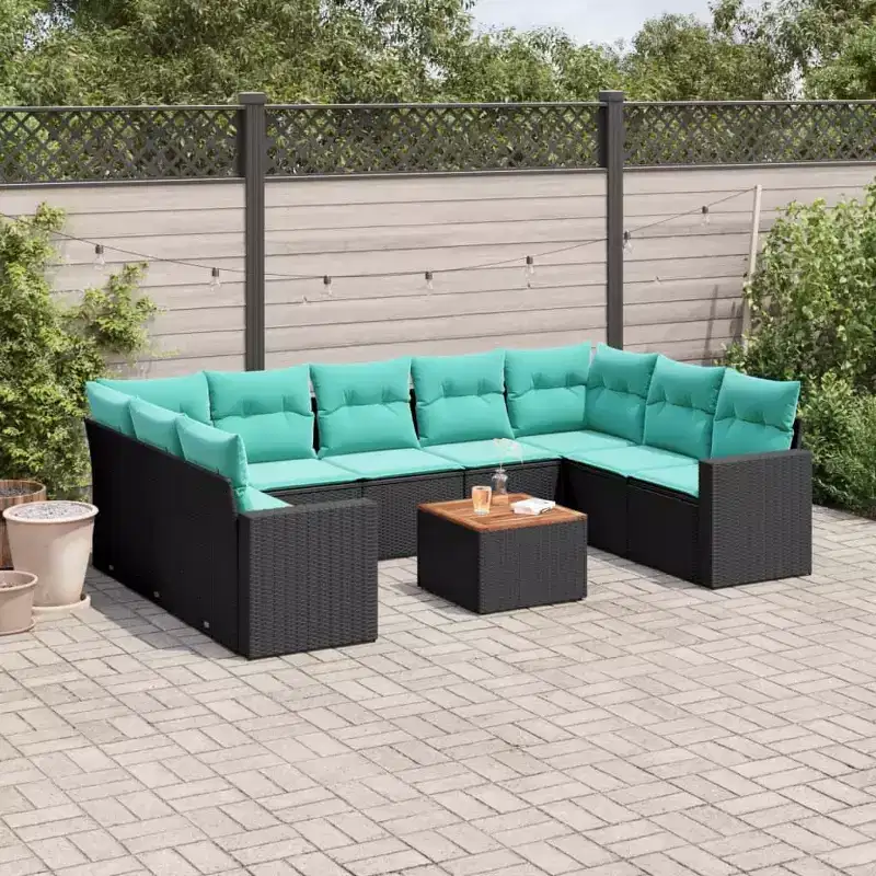 vidaXL 10 Piece Patio Sofa Set with Cushions Black Poly Rattan - Black 5x middle + Table + 2x corner