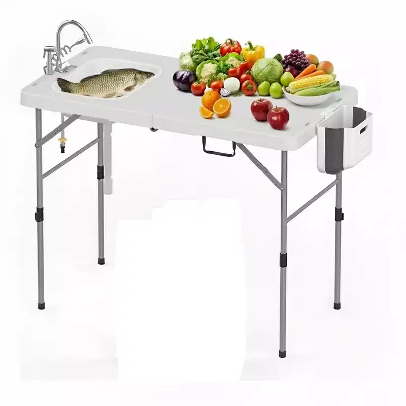 Folding Fish Cleaning Table with Foldable Sink, Portable Camping Table & Fish Cleaning Station, Camping Sink with Faucet Drainage Hose & Sprayer