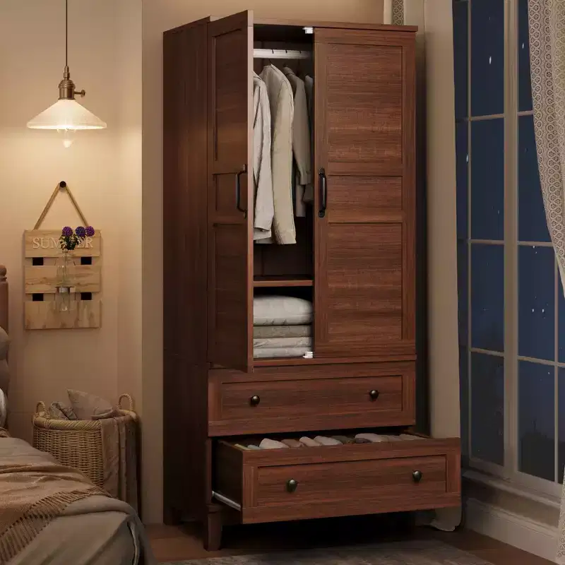 Spacious Wooden Wardrobe Closet with 2 Drawers and 18 Adjustable Shelves  Tall Bedroom Storage Cabinet with Hanging Rod and Modern Doors