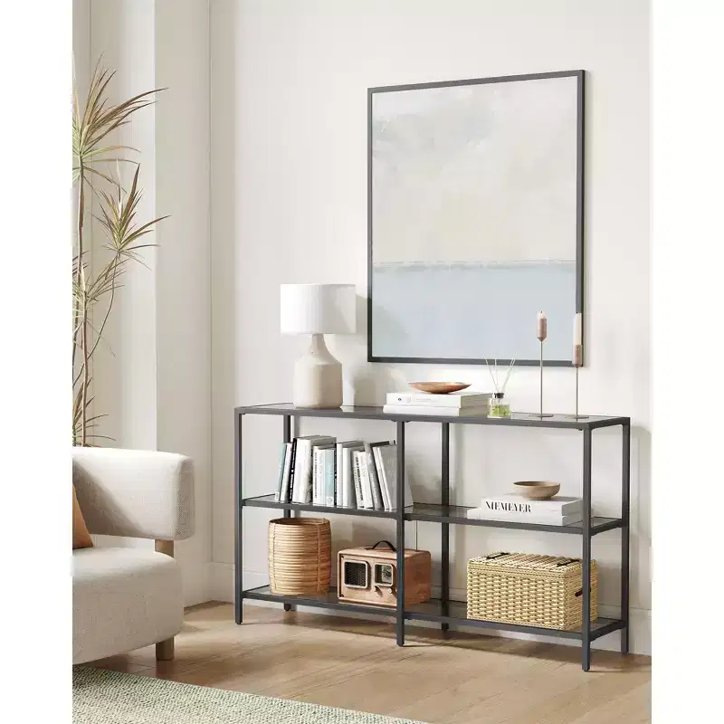 VASAGLE 51.2 Inch Console Table with 3 Shelves, Sofa Table, Entryway Table, Metal Frame, Tempered Glass Shelf, Modern Style