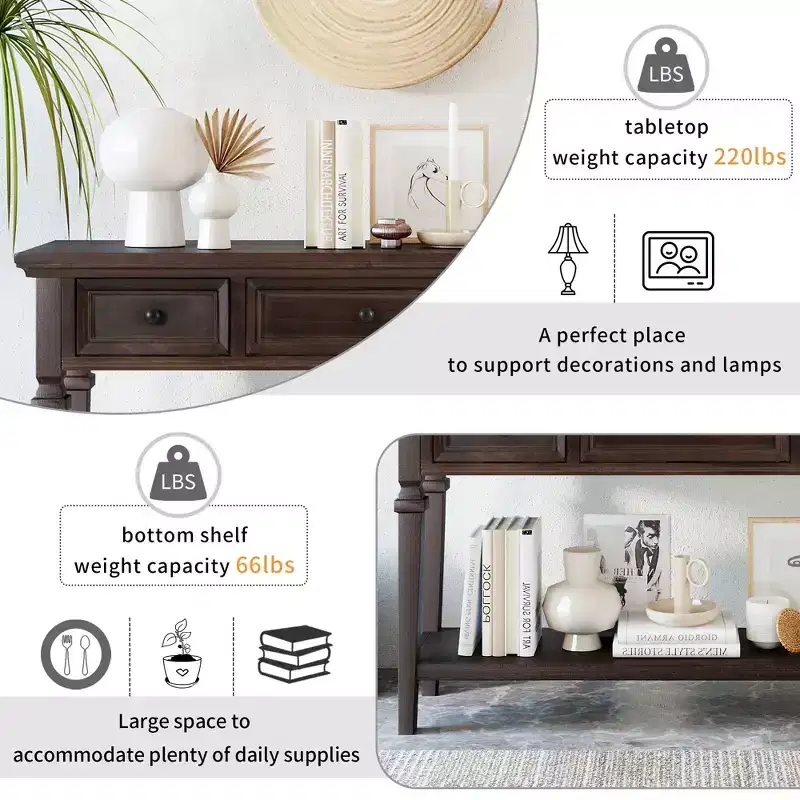 Whisen Classic Retro Style Console Table with 3-Top Drawers and Open Shelf