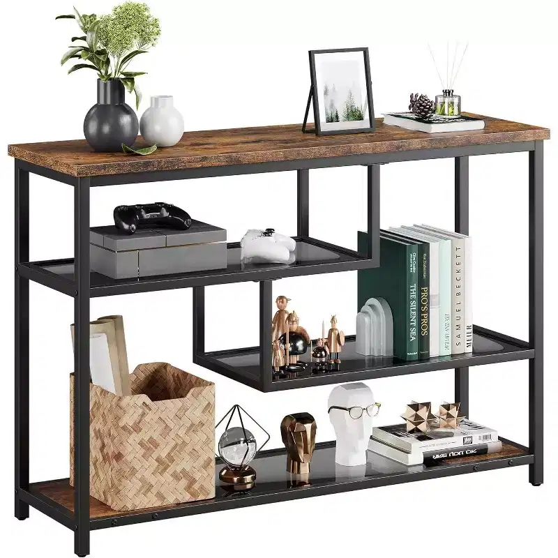 Industrial 4-Tier Console Table with Glass Shelves, Narrow Sofa Table 39.4 for Entryway, Living Room, Bedroom, Metal Frame Hallway Accent Table