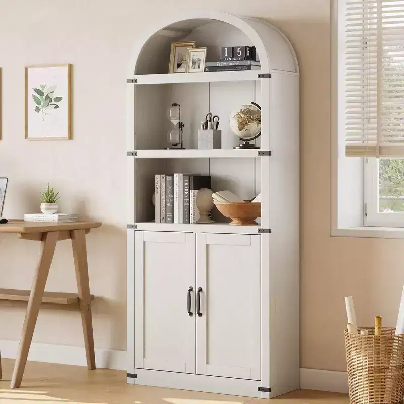 Coolmee Wooden Bookcase with Doors, 71.65 inch Tall Arched Bookshelf, Farmhouse Cabinet with Shelves for Home Office, Living Room
