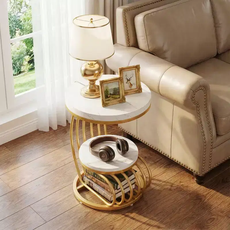 MAYEERTY 2-Tier Round End Table, Faux Marble Side Table with Storage Shelf