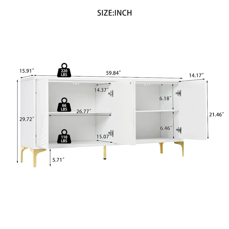 Creative carved 4-door Sideboard Handleless Press-to-Open Design Buffet Cabinet for Dining Room,Living Room, Bedroom, Hallway