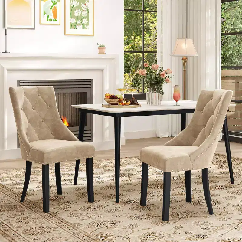Costway Upholstered Dining Chairs Set of 2 Tufted Wingback Chairs w/ Solid Wood Legs