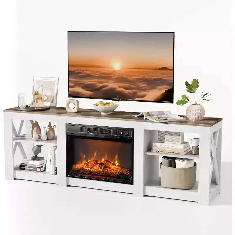VINGLI Fireplace TV Stand up to 80 inch TVs, Farmhouse Entertainment Center with Electric Fireplace Heater & Adjustable Shelves