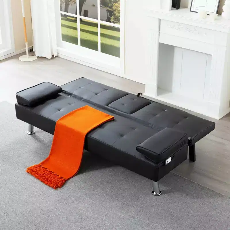 MAYEERTY 69.49 Convertible Futon Sleeper Sofa Bed with Cup Holders & Side Pocket, 5-Position Adjustable Backrest