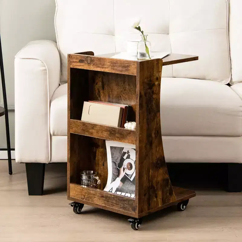 Side Table With Rolling Casters Mobile C-Shaped End Table With 2-Tier Open Storage Shelf &2 Back Storage Compartments Brown/Grey