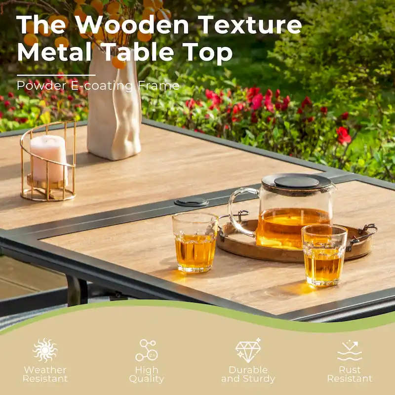 MAISON ARTS 7-piece Patio Dining Set, 1 Rectangle Wood-like Table with Umbrella Hole and 6 Metal Swivel Chairs