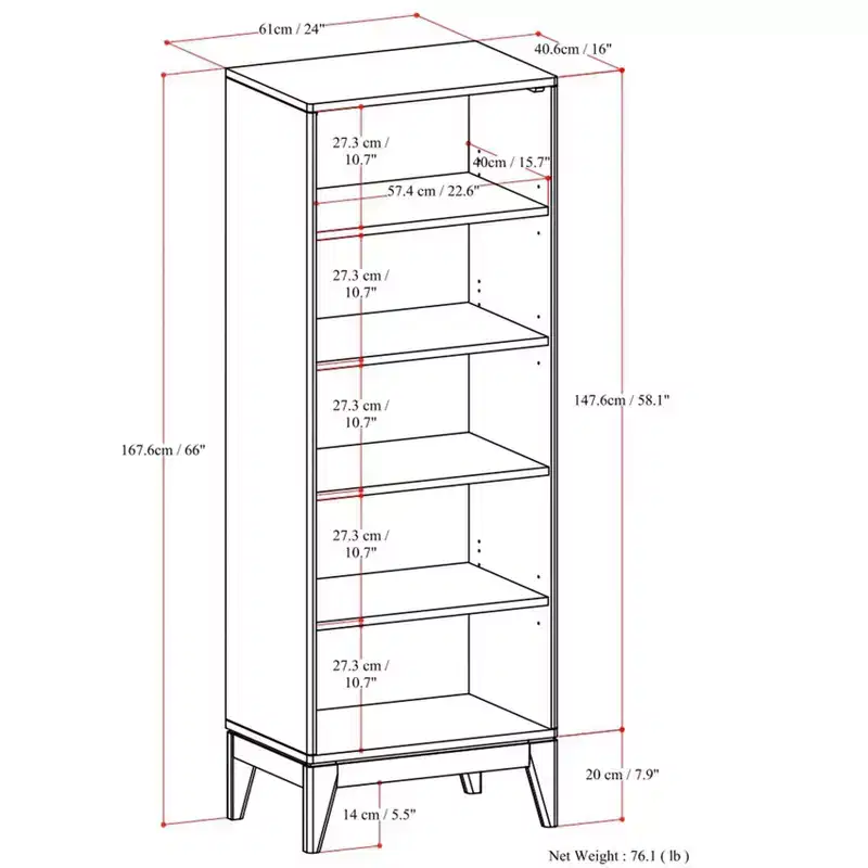 SOLID HARDWOOD 66 inch x 24 inch Mid Century Modern 5 Shelf Bookcase