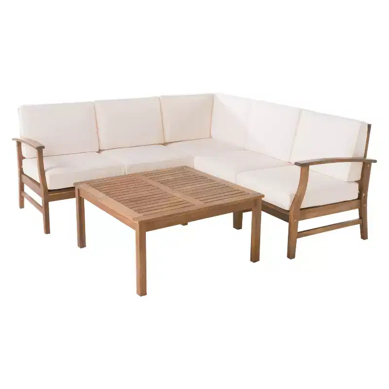Perla 6pc Acacia Wood Patio Chat Set: Sectional Sofa, Coffee Table, Weather-Resistant - Christopher Knight Home