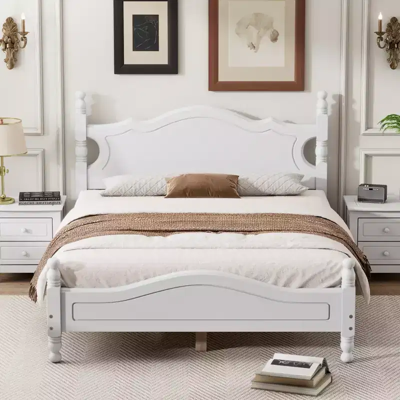 Full Size Wood Platform Bed with Retro Headboard and Slat Support