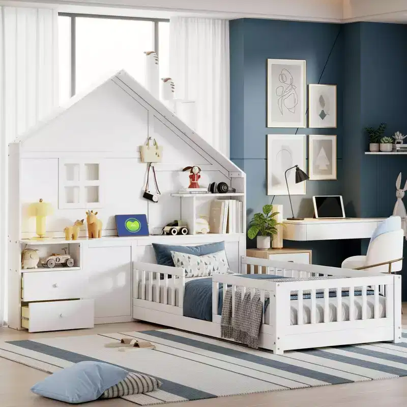 Polibi Twin Platform Bed with Storage Drawers, USB Charging Station & Windowed House Headboard
