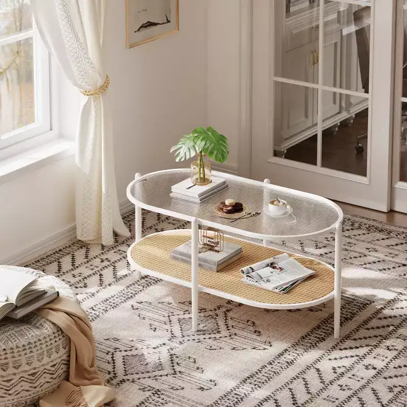 Glass Top, Boho Rattan Coffee Table 2-Tier Oval Center Table with Metal Frame & Storage Shelf, Rustic Farmhouse Living Room Accent Tea Table