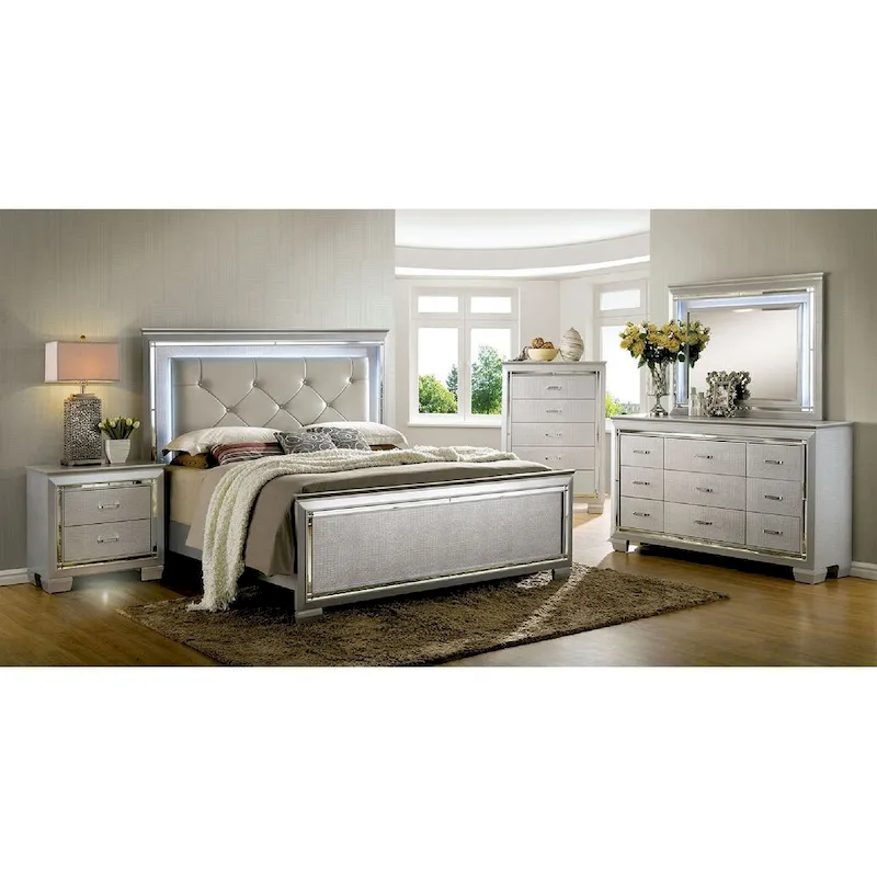 1pc Nightstand Silver Bedside Table LED Light