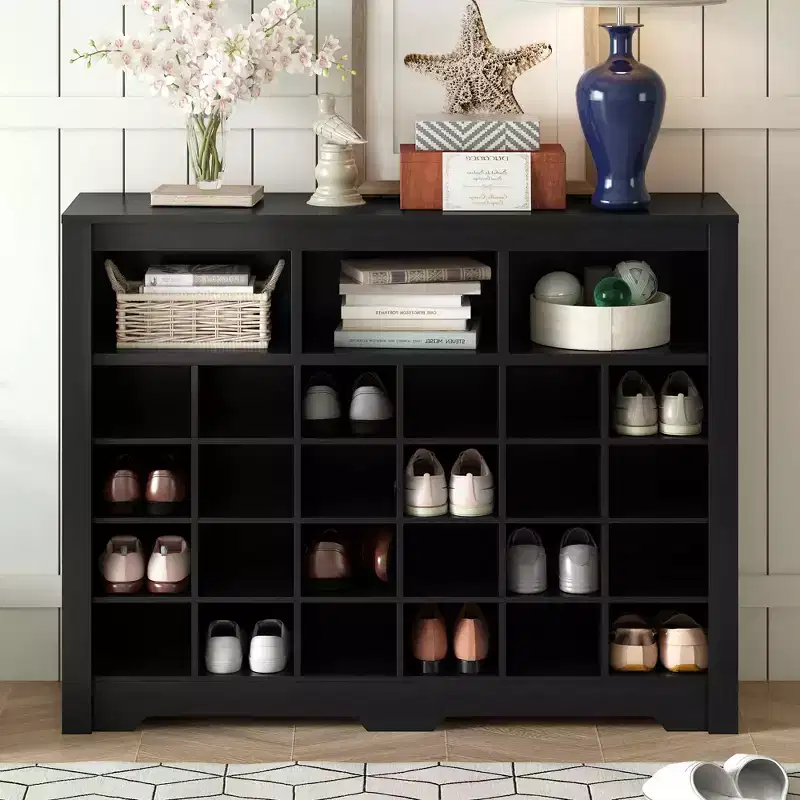 24-Pair Shoe Cubby Console with Curved Base Sideboard - Black