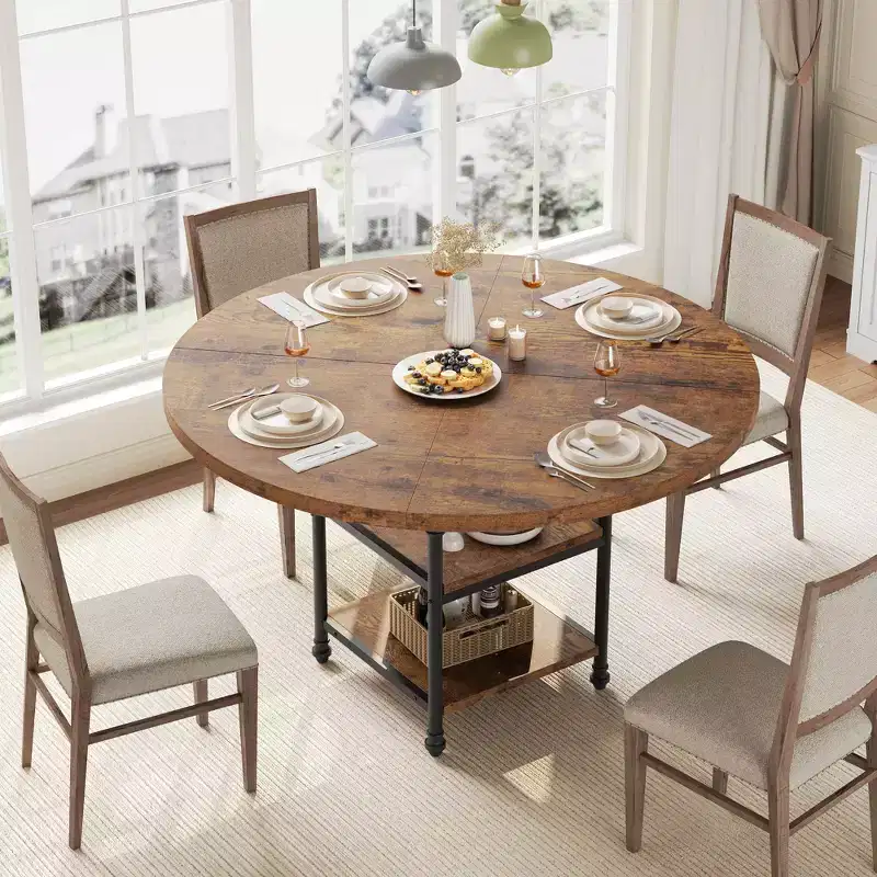 47 In Round Dining Table for 6,Dinner Wooden Kitchen Table with Storage Shelves & Roman Metal Legs for Dining Room,Kitchen,Living Room (Table Only)
