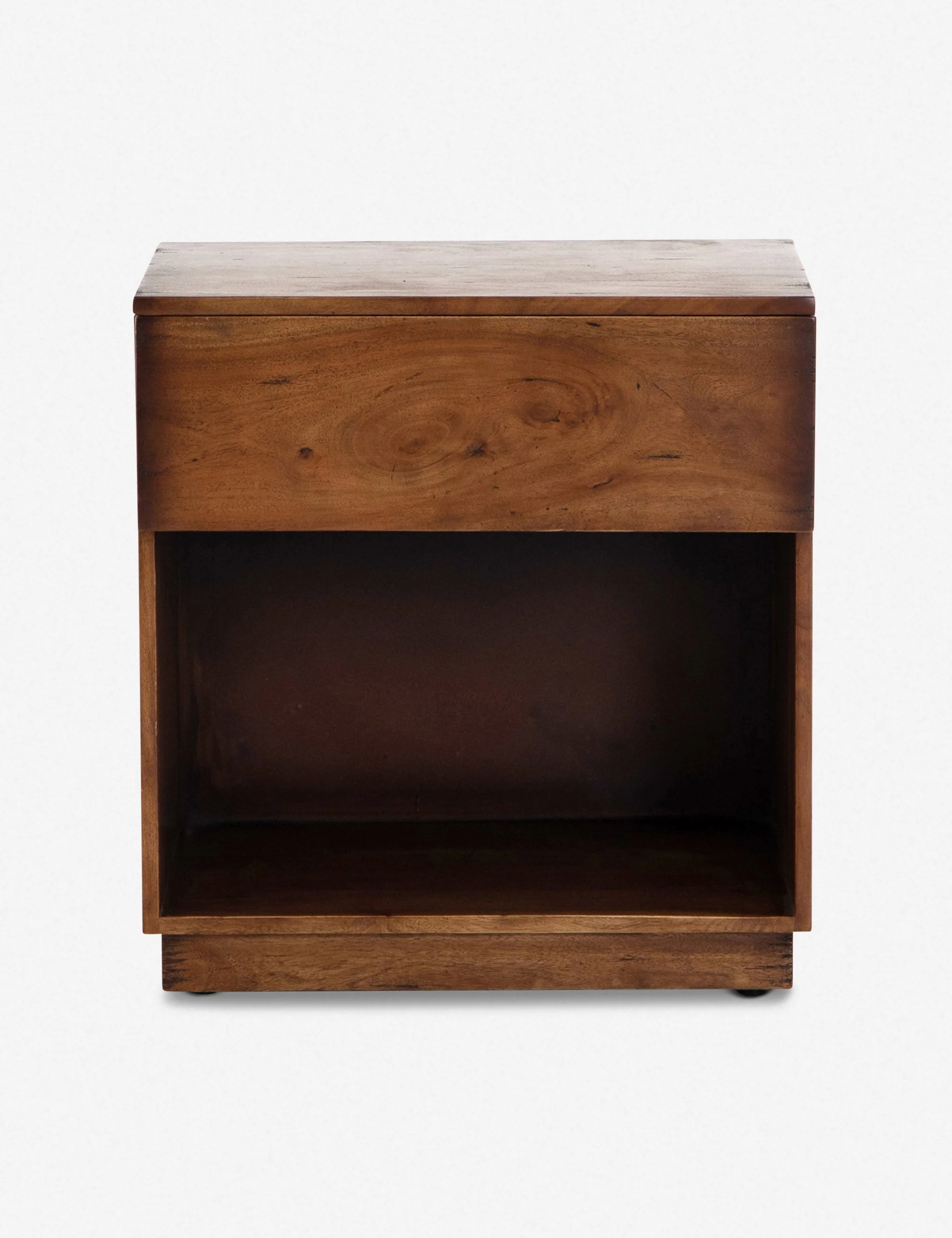 Nightstand Fashioned from solid acacia wood, this nightstand's natural knots and graining offer a rich organic texture. A warm finish displays mid