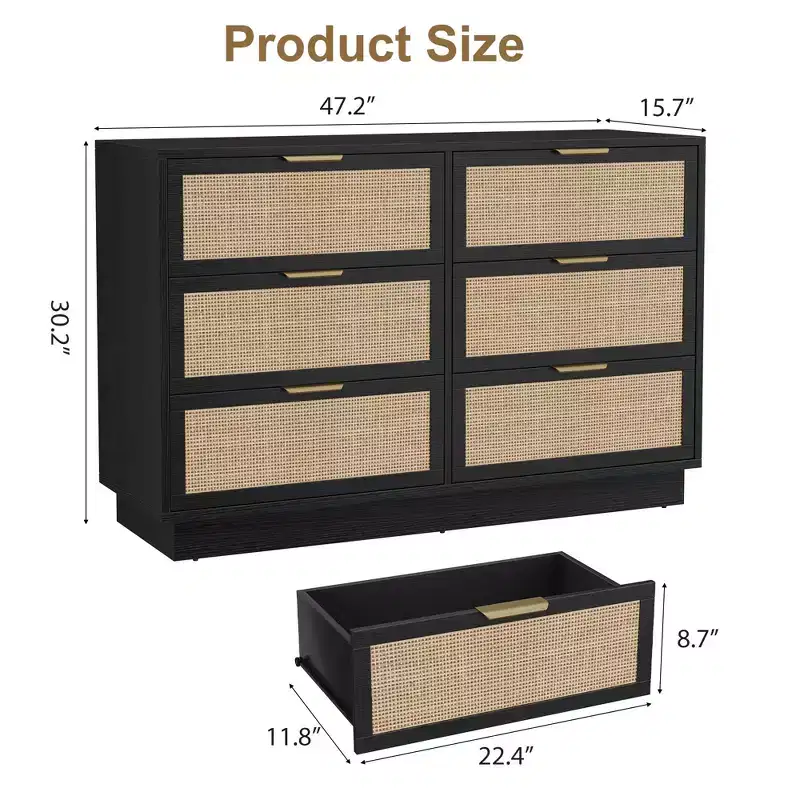 6 Drawer Rattan Dresser for Bedroom, Wood Chest of Drawers with Metal Handle, Modern Versatile Organizer for Bedroom, Entryway, Hallway