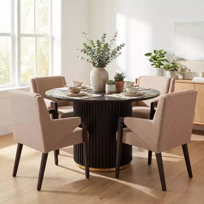 Christopher Knight Home Arvind Modern 5 Piece Rubberwood Linen Upholstered Dining Set with Round Table