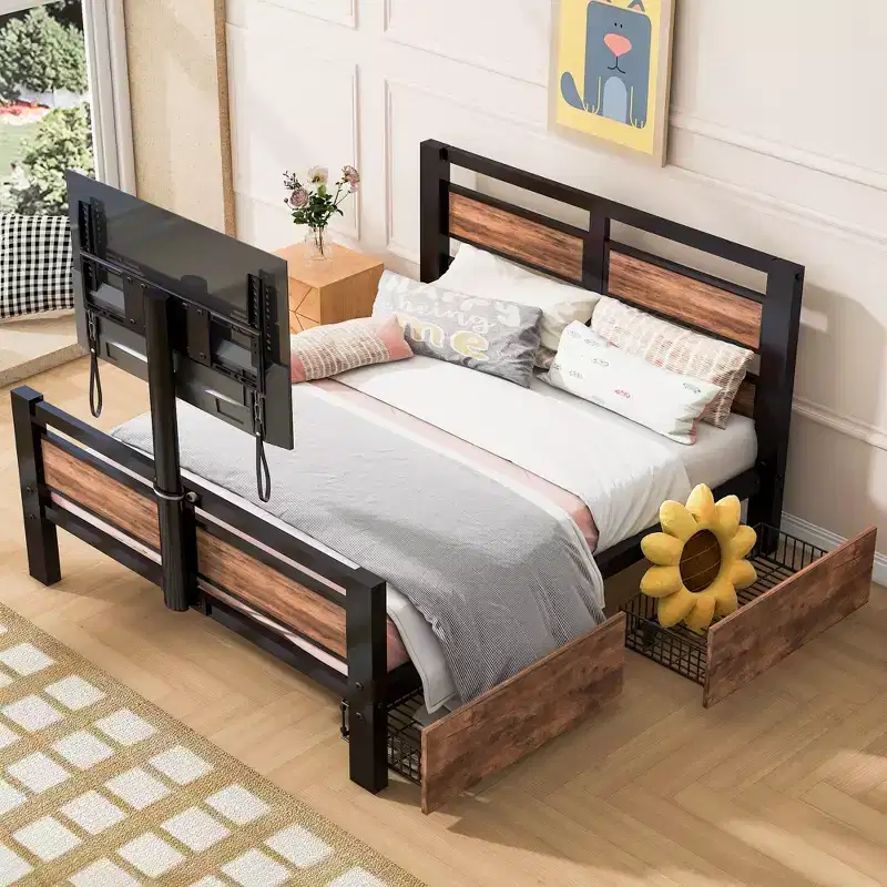 Twin Size Metal Platform Bed Frame with MDF Headboard & Footboard, 2 Storage Drawers & Rotatable TV Stand, Industrial, Black - ModernLuxe