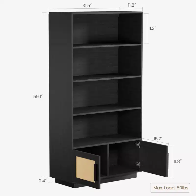 CuisinSmart 5 Tier Rattan Bookshelf with Storage Cabinet & Door, Tall Industrial Book Shelf with Open Shelves for Living Room Bedroom