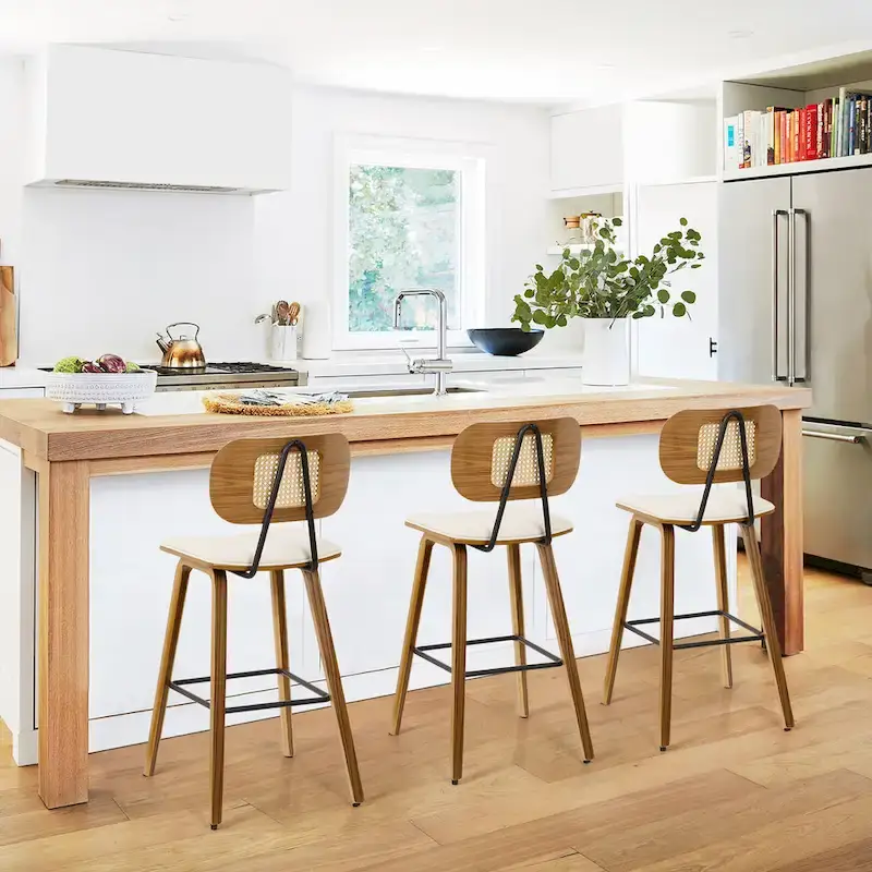 26-inch Wood Counter Height Bar Stools with Rattan Back