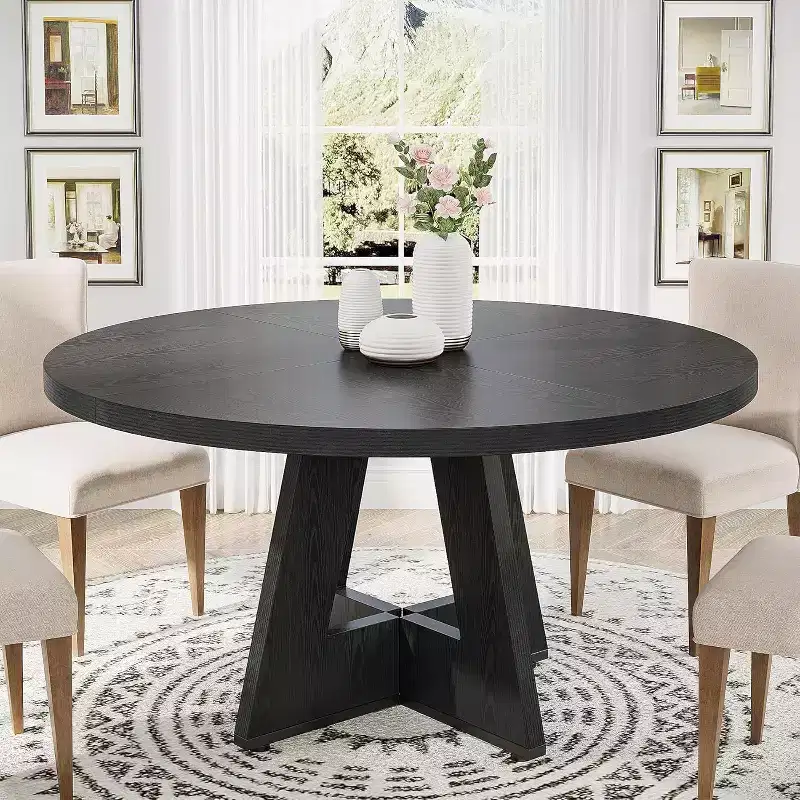 Farmhouse Large Round Dining Table with Cross Base – Wooden Kitchen Table for Dining Room & Breakfast Nook