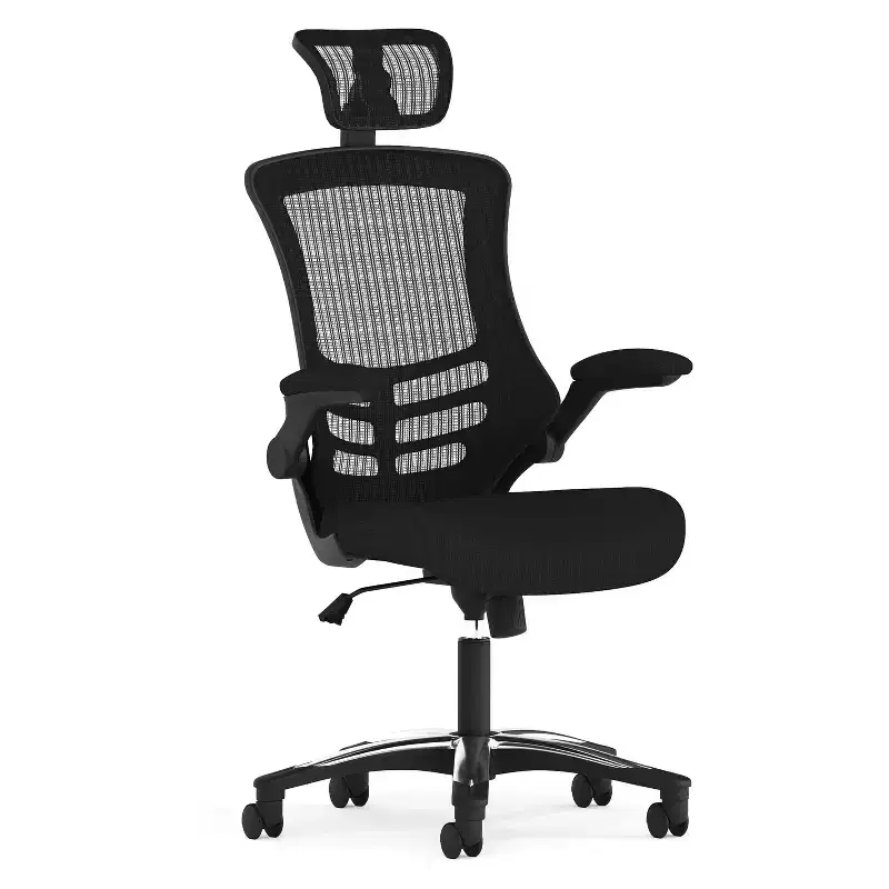 High-Back Black Mesh Swivel Ergonomic Executive Office Chair with Flip-Up Arms & Adjustable Headrest