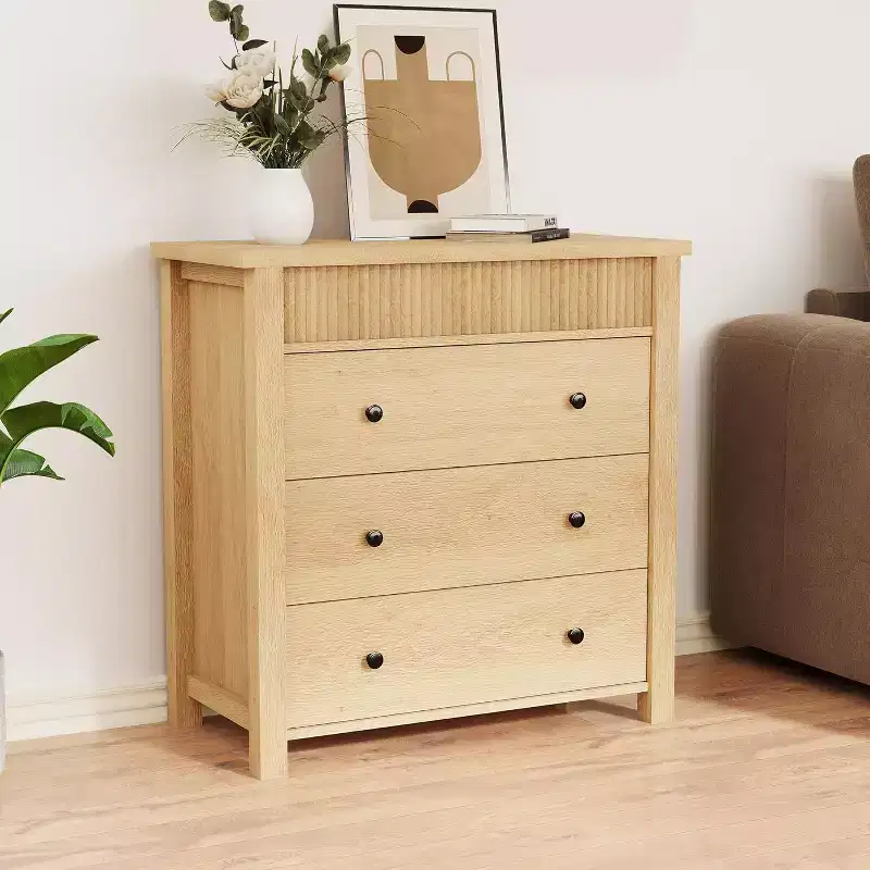 Fluted 3-Drawer Dresser & Nightstand, Wooden Chest with Storage for Bedroom, Living Room, Hallway or Entryway