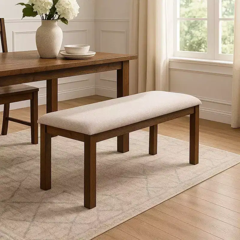 Royal Hampton 48 Inch Classic Fabric Upholstered Dining Bench, Pine Wood, Ivory and Brown