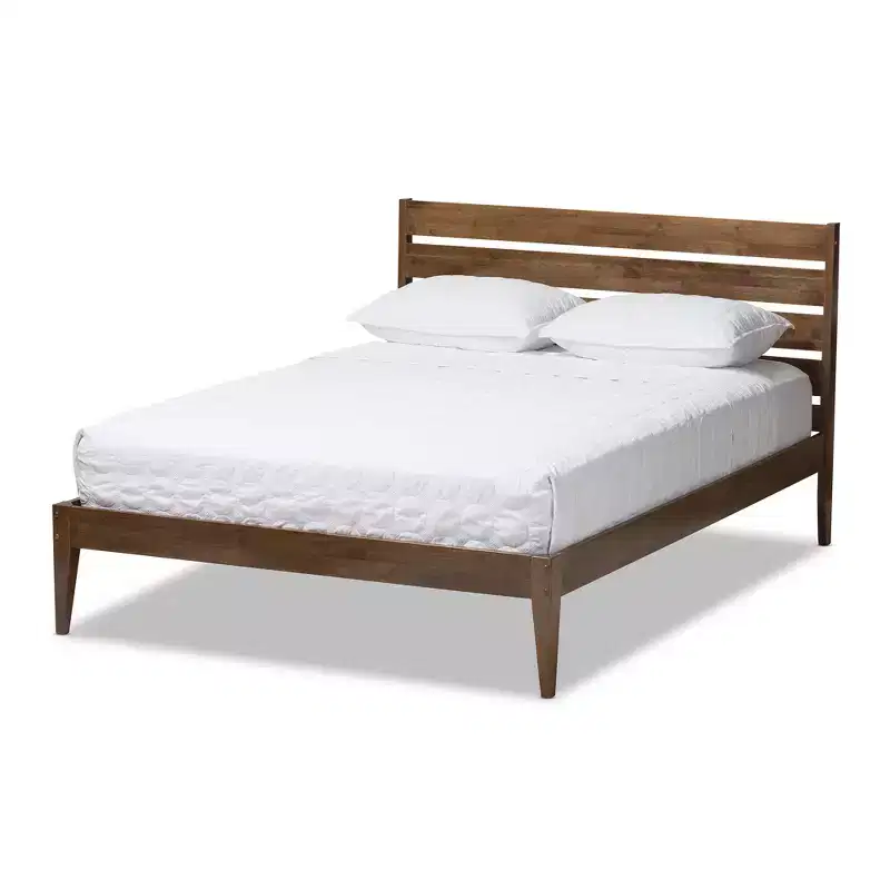 Elmdon Mid Century Modern Solid Wood Slatted Headboard Style Platform Bed Brown - Baxton Studio