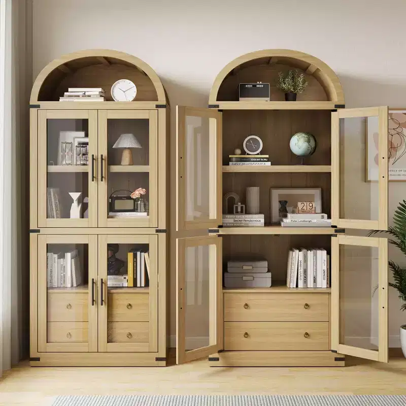Arched Bookshelf with Doors and Drawers Farmhouse Bookcase 15.83in Depth Display Storage Shelves 71.4in Tall Wooden Display Cabinet Rounded Bookcases