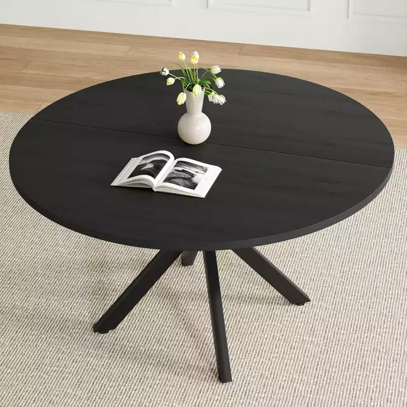 Round Dining Table for 4–6, Black / Natural / Walnut, Metal Cross Legs