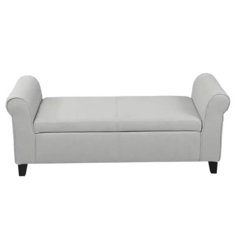 White Upholstered Storage Bench with Rolled Arms: Dimensions 50.00 x 20.50 x 19.50 inches
